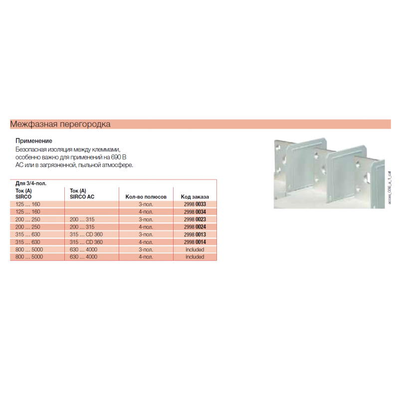 Перегородка межфазная, для ATyS/SIRCO 250–400 A, Socomec (29980023)