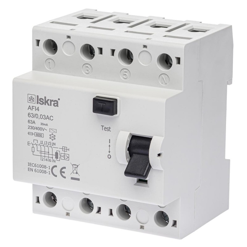 030105073000 - Дифференциальный выключатель нагрузки (УЗО) AFI4, 4P In-63А, 30mA, Тип AC, 6kA, ISKRA