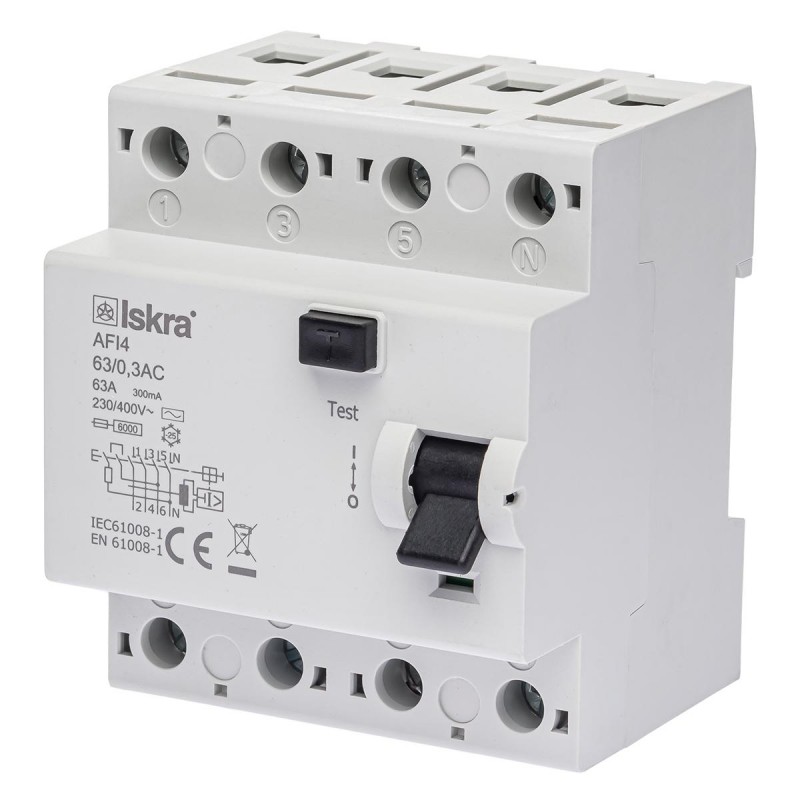 030105074000 - Дифференциальный выключатель нагрузки (УЗО) AFI4, 4P In-63А, 300mA, Тип AC, 6kA, ISKRA