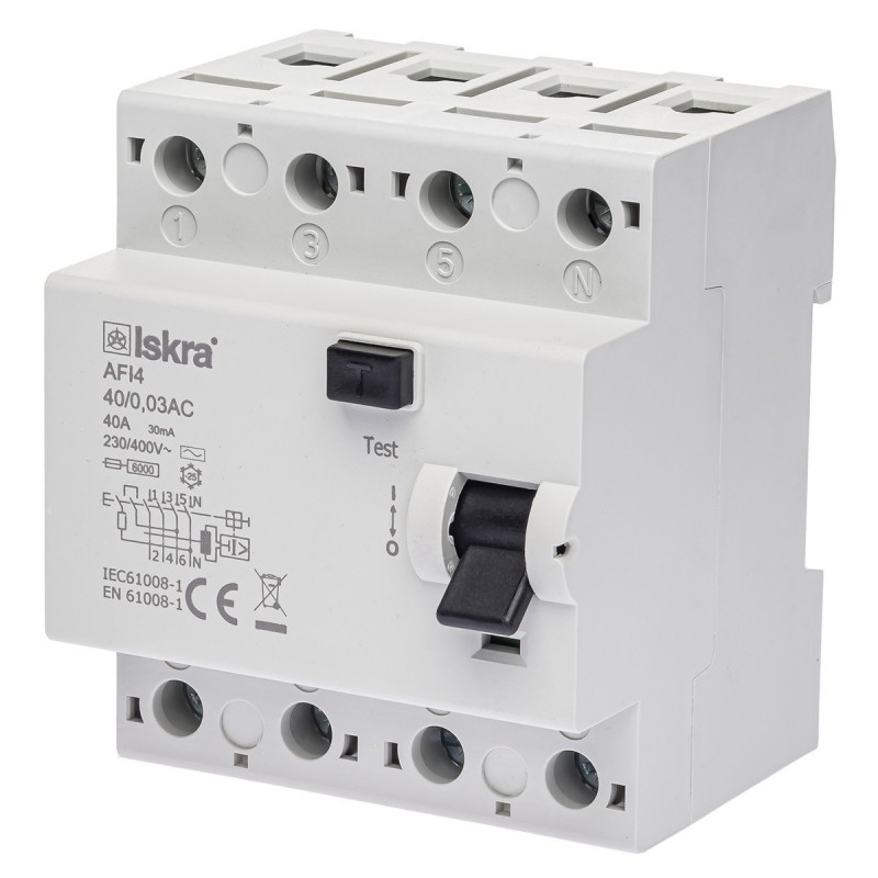 030105070000 - Дифференциальный выключатель нагрузки (УЗО) AFI4, 4P In-40А, 30mA, Тип AC, 6kA, ISKRA