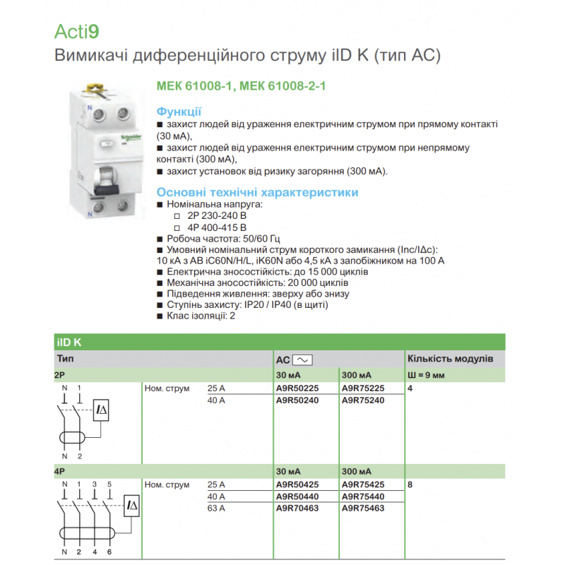 A9R75225 - Дифференциальный выключатель нагрузки (УЗО) ilD K, 2P In-25А, 300mA, Тип AC, 10kA, Schneider Electric