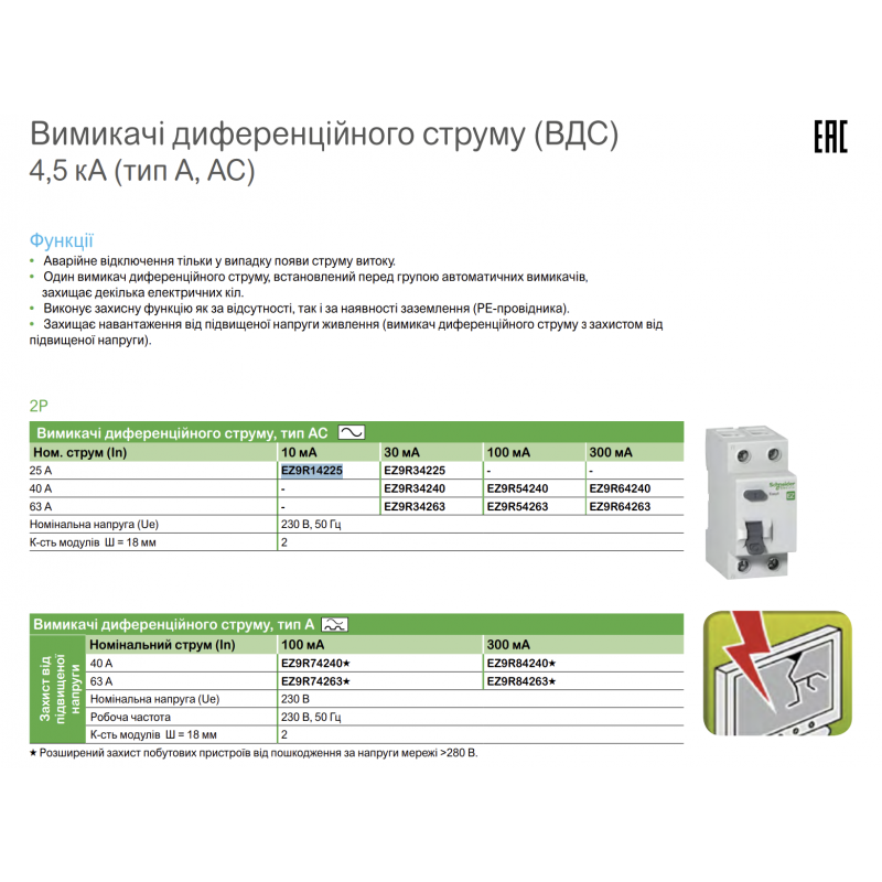 EZ9R34225 - Устройство защитного отключения Easy9, 2P 25A 30мА AC, 4.5kA. Schneider Electric