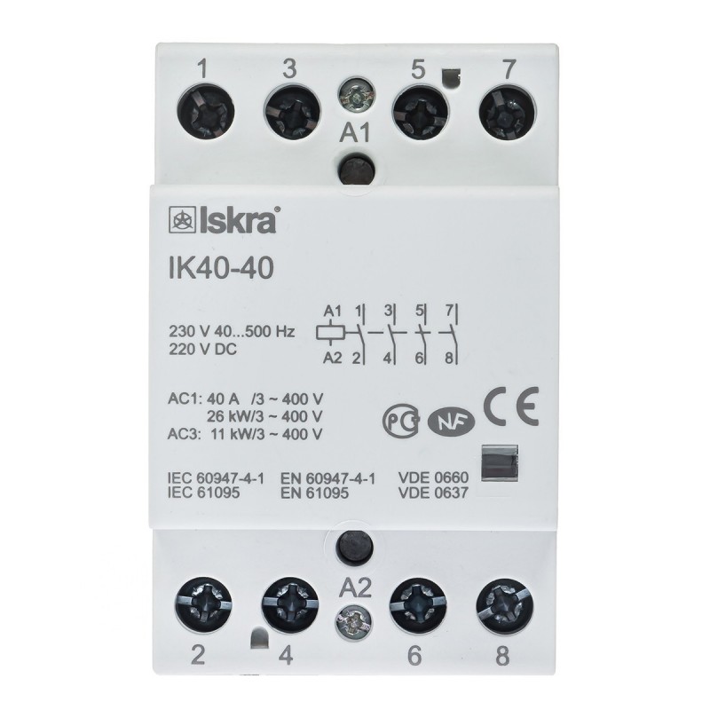 030045010000 - Контактор модульный IK40-40, In-40 A (AC-7A), Uc-230 В AC/DC, 4NO, Iskra