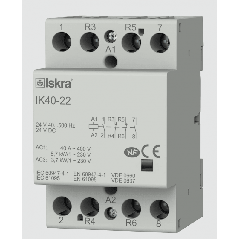 030045172000 - Контактор модульный IK40-22, In-40 A (AC-7A), Uc-24 В AC/DC, 2NO+2NC, Iskra