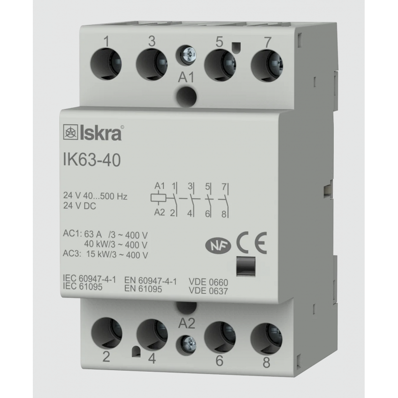 030045187000 - Контактор модульный IK63-40, In-63 A (AC-7A), Uc-24 В AC/DC, 4NO, Iskra