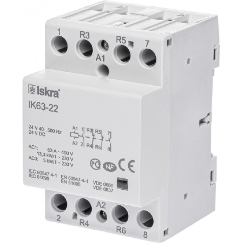 30045233000 - Контактор модульный IK63-22, In-63 A (AC-7A), Uc-24 В AC/DC, 2NO+2NC, Iskra