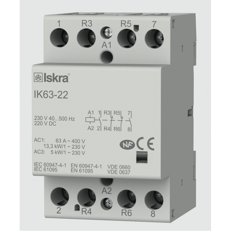 030045235000 - Контактор модульный IK63-22, In-63 A (AC-7A), Uc-230 В AC/DC, 2NO+2NC, Iskra