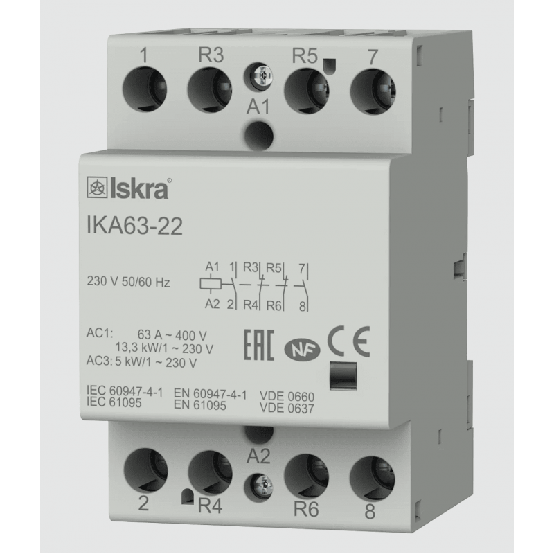 030045523000 - Контактор модульный IKA63-22, In-63 A (AC-7A), Uc-230 В AC, 2NO+2NC, Iskra