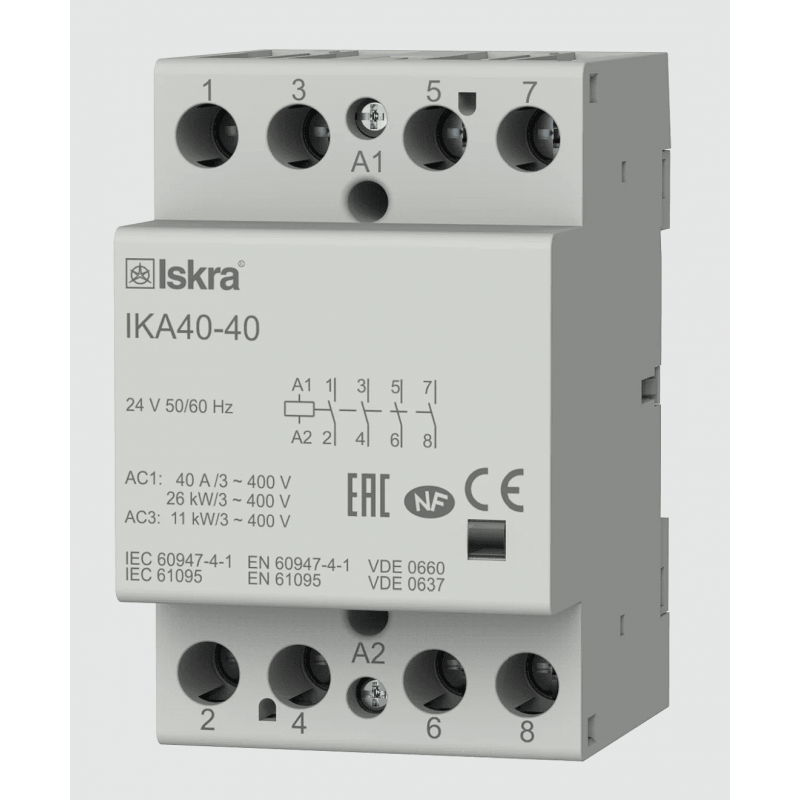 030045595000 - Контактор модульный IKA40-40, In-40 A (AC-7A), Uc-24 В AC, 4NO, Iskra