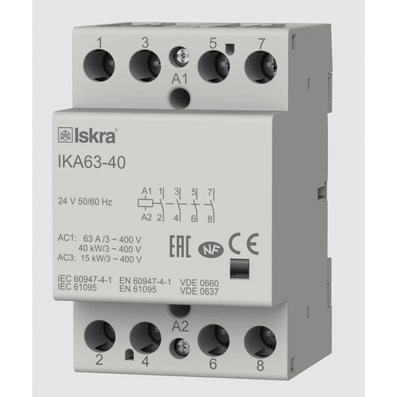 030045596000 - Контактор модульный IKA63-40, In-63 A (AC-7A), Uc-24 В AC, 4NO, Iskra