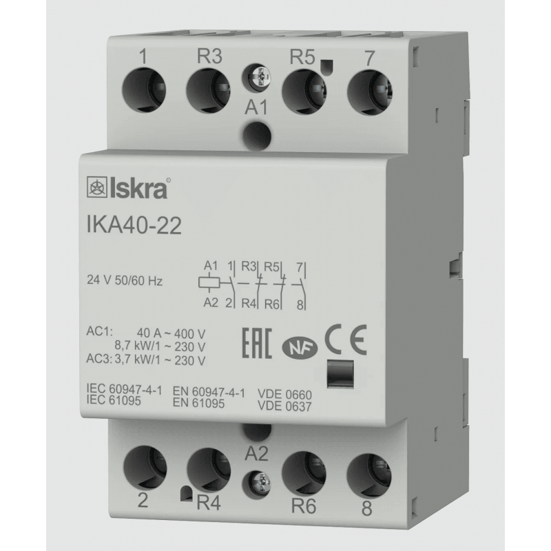 030045602000 - Контактор модульный IKA40-22, In-40 A (AC-7A), Uc-24 В AC, 2NO+2NC, Iskra