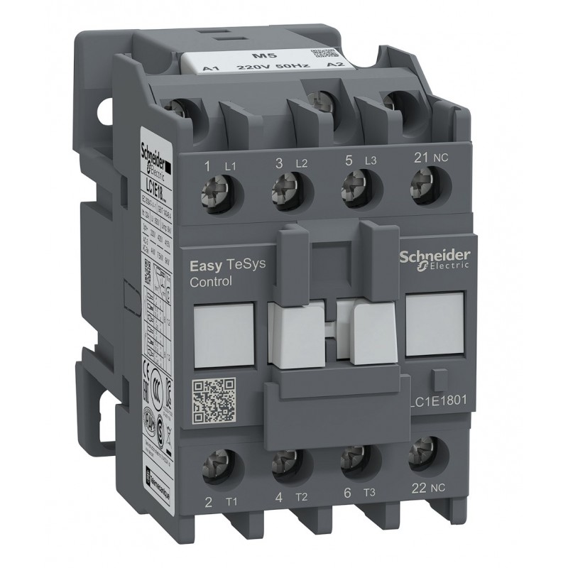 LC1E1801M5 - Контактор Tesys E, In-18 A, 7,5 кВт, Uc-220 В AC, 1NC, Schneider Electric