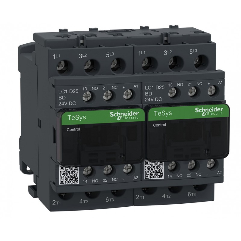 LC2D25BD - Реверсивный контактор Tesys D, In-25 A, 11 кВт, Uc-24 В DC, 1NO+1NC, Schneider Electric