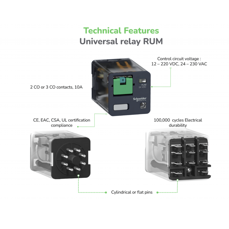 RUMC32FD - Промежуточное реле RUM, Ie-10 A, Uc-110 В DC, 3 C/O, LED, Кнопка тест, Schneider Electric