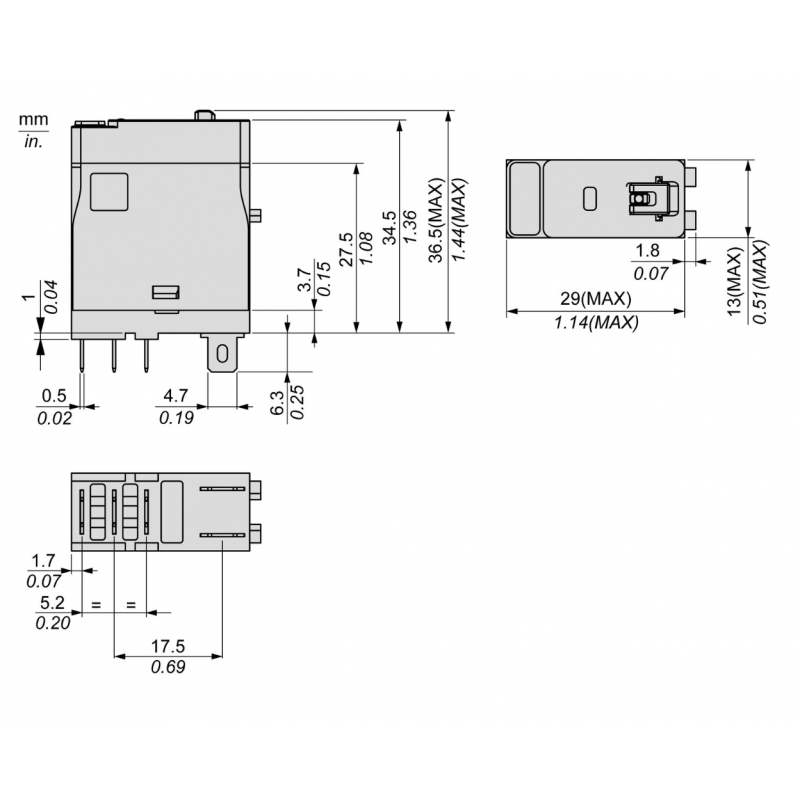 RXG11P7 - Промежуточное реле RXG, Ie-10 A, Uc-230 В AC, 1 C/O, кнопка тест, Schneider Electric