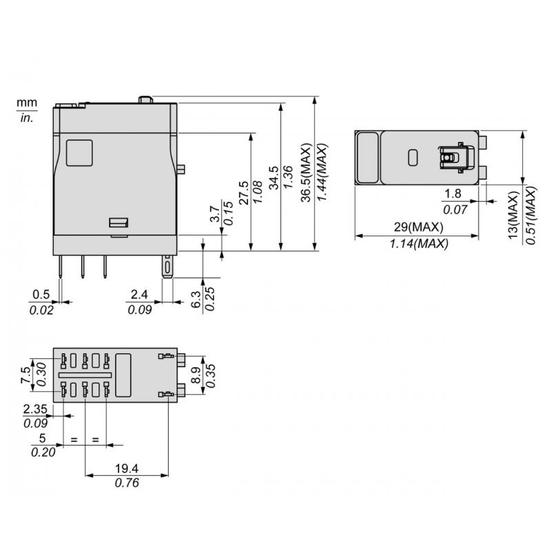 RXG21BD - Промежуточное реле RXG, Ie-5 A, Uc-24 В DC, 2 C/O, кнопка тест, Schneider Electric