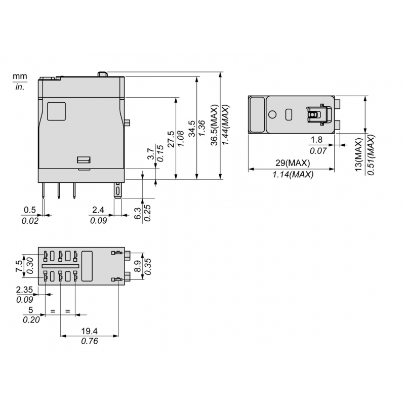 RXG22JD - Промежуточное реле RXG, Ie-5 A, Uc-12 В DC, 2 C/O, LED, кнопка тест, Schneider Electric