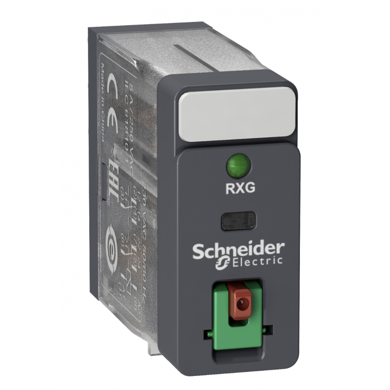 RXG22JD - Промежуточное реле RXG, Ie-5 A, Uc-12 В DC, 2 C/O, LED, кнопка тест, Schneider Electric