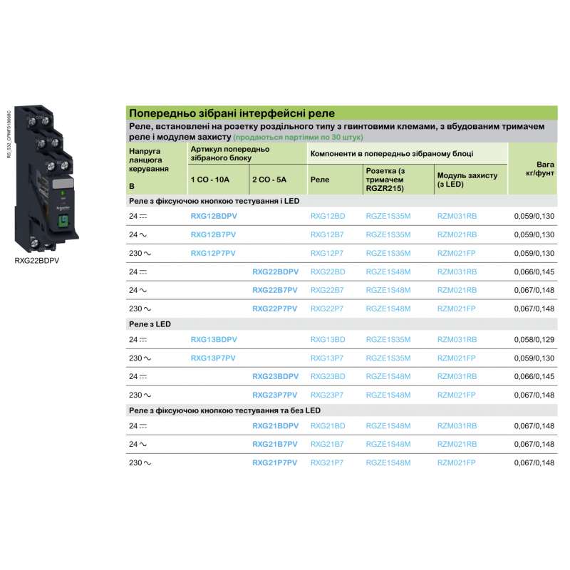 RXG21P7PV - Промежуточное реле RXG (в сборе с цоколем), Ie-5 A, Uc-230 В AC, 2 C/O, кнопка тест, Schneider Electric