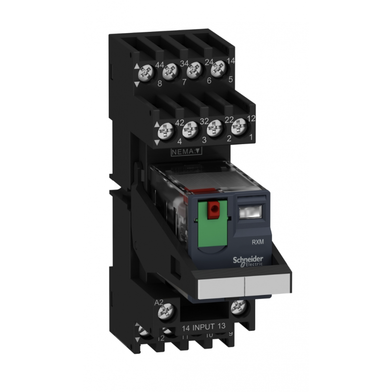 RXM4AB1P7PVM - Промежуточное реле RXM (в сборе с цоколем), Ie-6 A, Uc-230 В AC, 4 C/O, кнопка тест, Schneider Electric