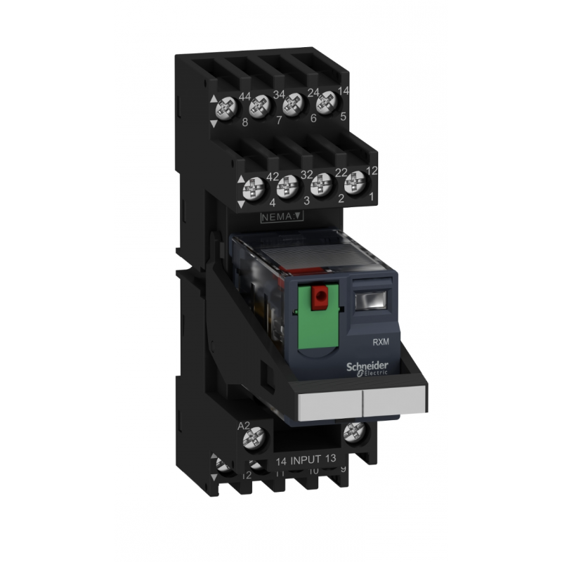RXM4AB2BDPVM - Промежуточное реле RXM (в сборе с цоколем), Ie-6 A, Uc-24 В DC, 4 C/O, LED, кнопка тест, Schneider Electric