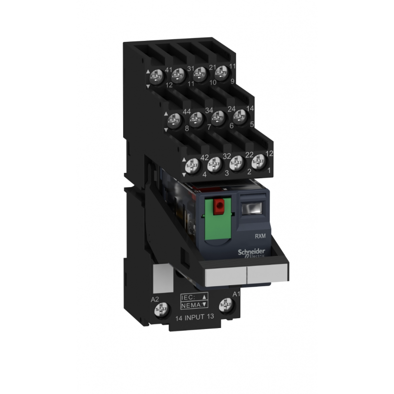RXM4AB2B7PVS - Промежуточное реле RXM (в сборе с цоколем), Ie-6 A, Uc-24 В AC, 4 C/O, LED, кнопка тест, Schneider Electric