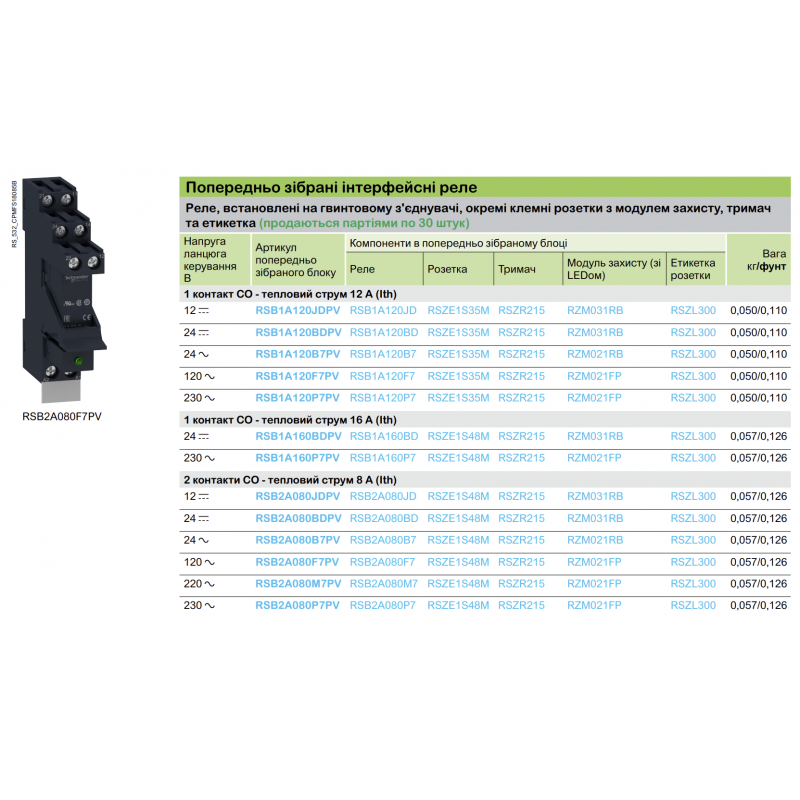 RSB1A120BDPV - Промежуточное реле RSB (в сборе с цоколем), Ie-12 A, Uc-24 В DC, 1 C/O, Schneider Electric
