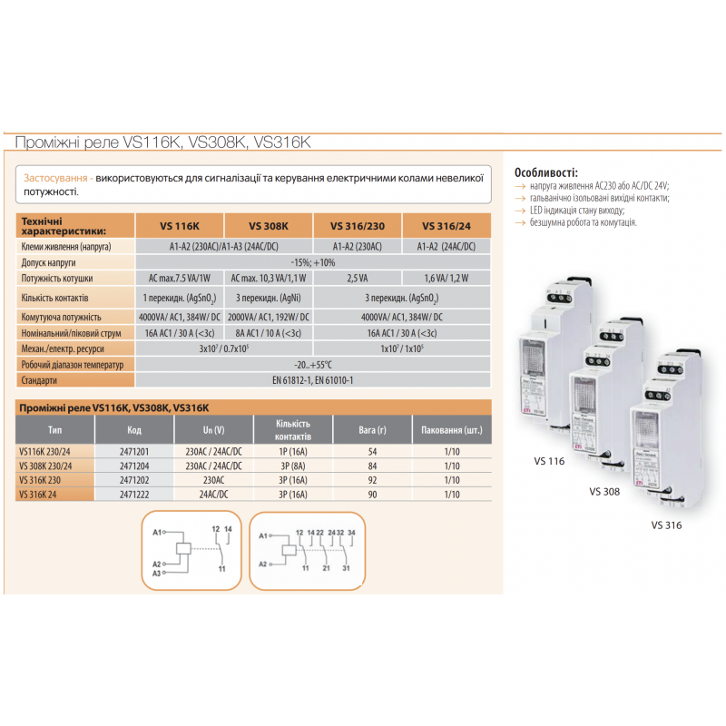 2471222 - Промежуточное реле VS316K, 3x16A AC1, Uc-24 В AC/DC, ETI