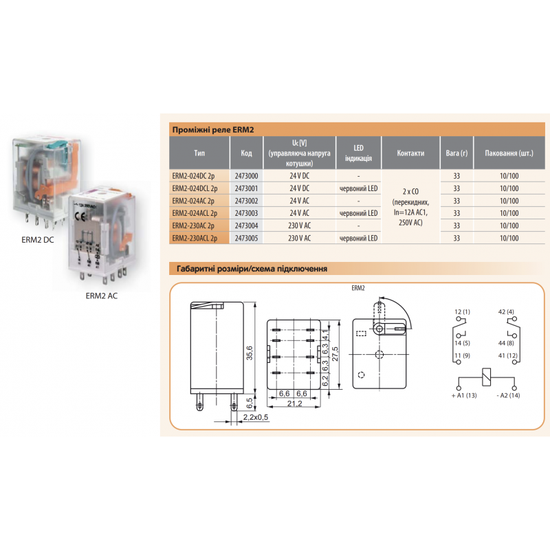2473002 - Промежуточное реле ERM2, In-12 A, 2 C/O, Uc-24 В AC, ETI