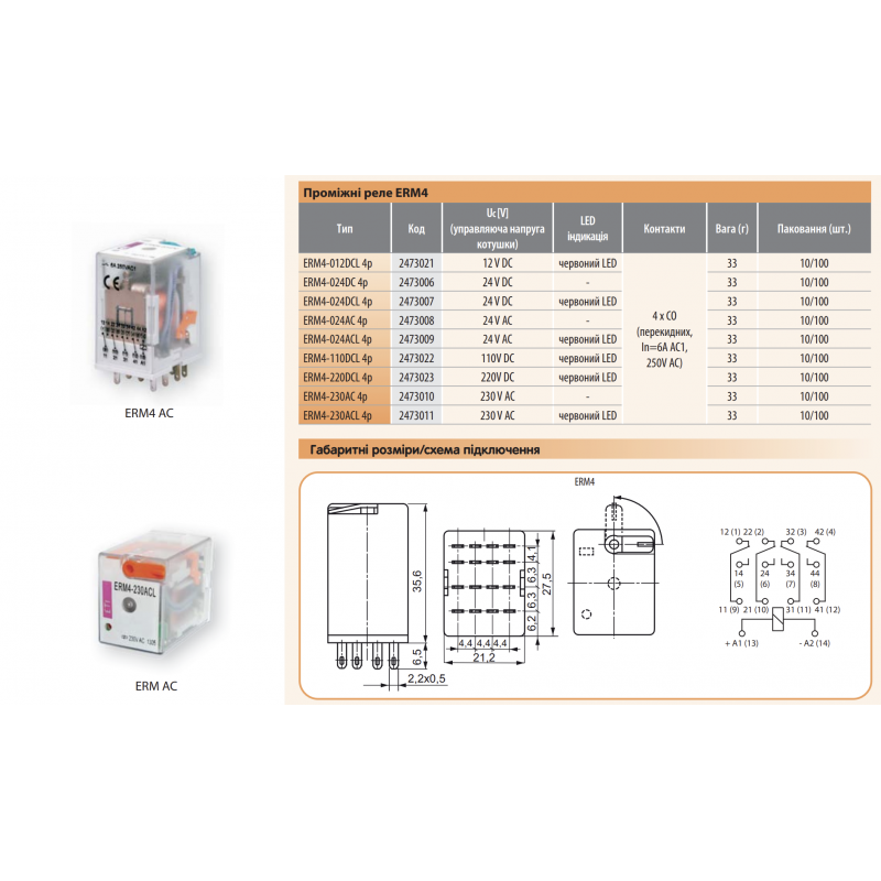 2473007 - Промежуточное реле ERM4, In-6 A, 4 C/O, Uc-24 В DC (LED), ETI