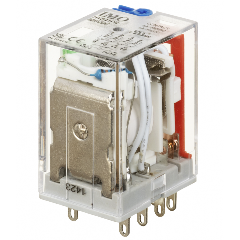 HYE41PN220DC - Промежуточное реле HYE, Ie-5 A, Uc-220 В DC, 4 C/O, LED, кнопка тест, IMO