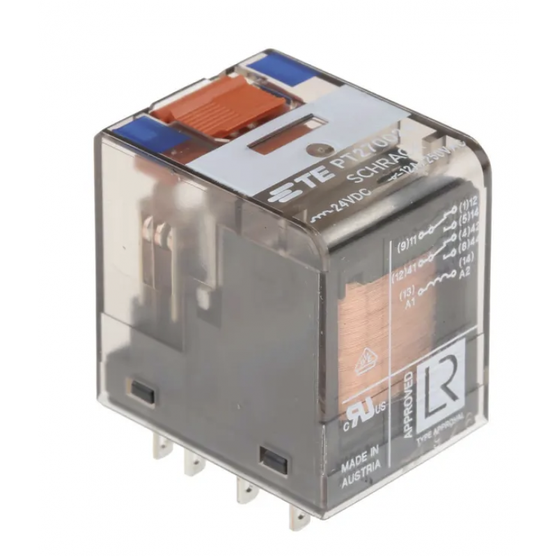 PT570024 - Миниатюрное реле PT, 4 C/O, Ie-6 A, Uc-24 В DC, кнопка тест, Schrack