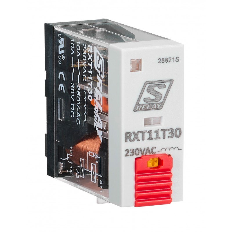 RXT11T30 - Промежуточное реле RXT, 1 C/O, Ie-10 A, Uc-230 В AC, LED, кнопка тест, Schrack