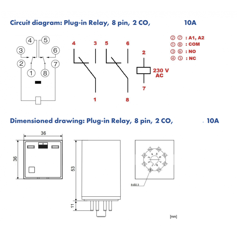 MU226230 - Промежуточное реле MU, 2 C/O, 8 полюсов, Ie-10 A, Uc-230 В AC, Schrack
