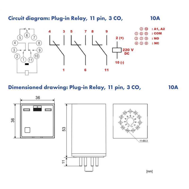 MT321012 - Промежуточное реле MT, 3 C/O, 11 полюсов, Ie-10 A, Uc-12 В DC, Schrack