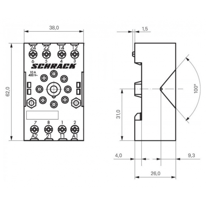 YMR78701 - Гнездо для DIN-монтажа с винтовыми зажимами, для реле MT2, 8 полюсов, Ie-10 A, Schrack