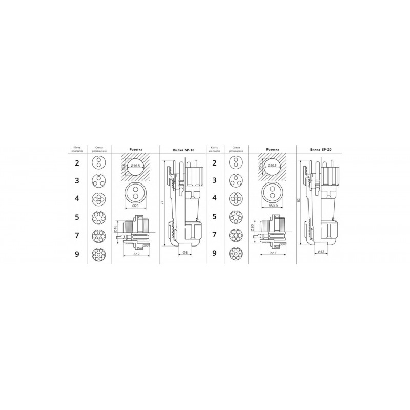 Коннектор влагозащищенный SP-16, на 2 pin, In-10 А, IP68, TAKEL (507050)