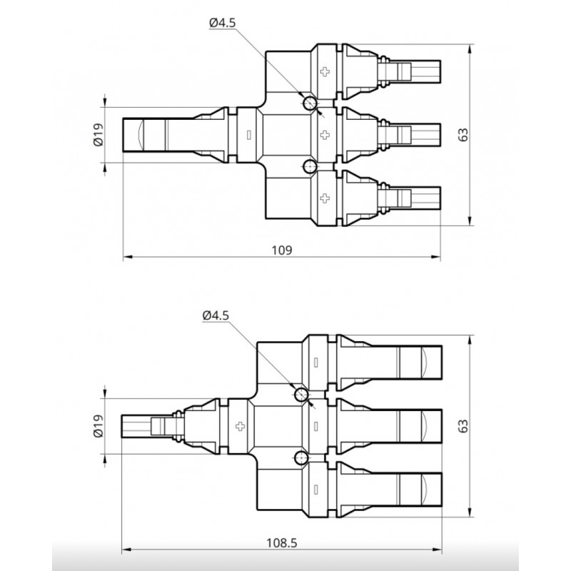 Коннектор MC4, разветвитель T4, 6 мм², 1000 В DC, In-30 А, IP67, TAKEL (507016)