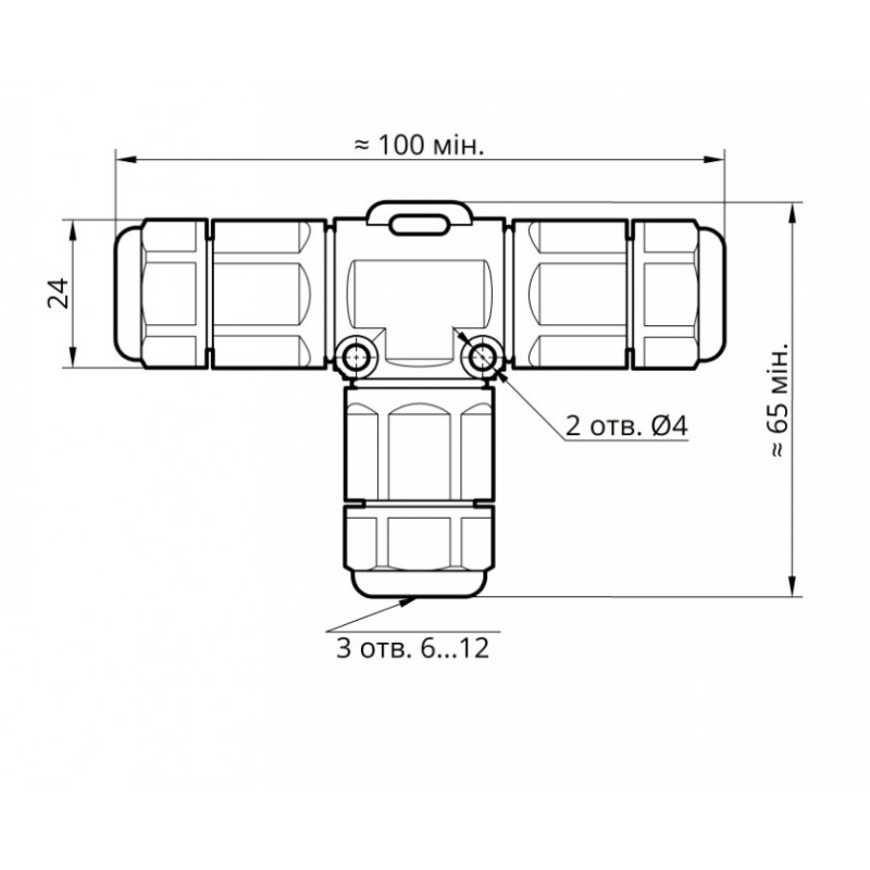 Коннектор влагозащищенный T-образный TK20, на 3 pin, IP68, TAKEL (507146)