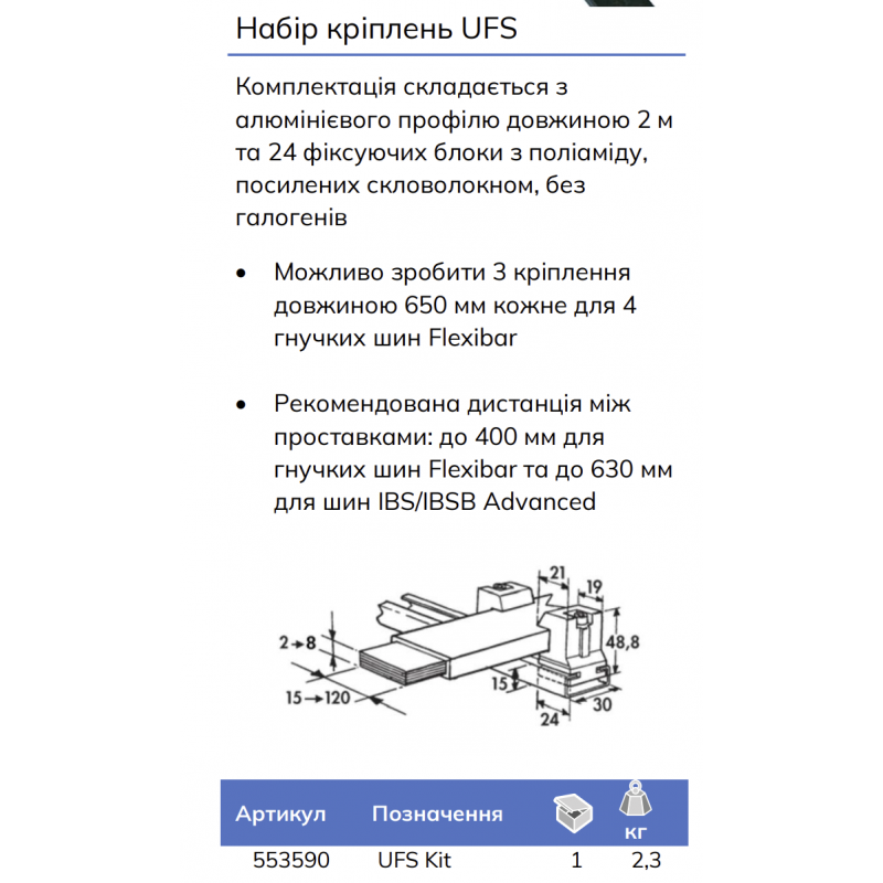 Набор креплений для гибкой шины UFS (алюминиевый профиль 2м + 24 блока), nVent Eriflex (553590)