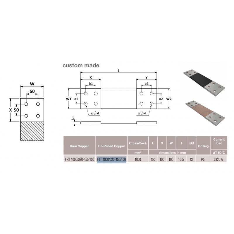 Гибкая плетёная шина, лужёная медь, 1000 мм², L-450 мм, Elexo (FTT 1000/020-450/100 WH)