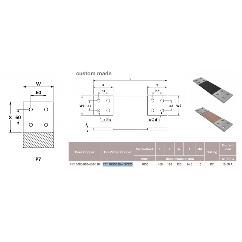 Гибкая плетёная шина, лужёная медь, 1000 мм², L-450 мм, Elexo (FTT 1000/020-450/120)