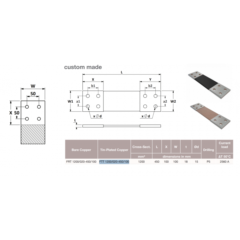 Гибкая плетеная шина, луженая медь, 1200 мм², L-450 мм, Elexo (FTT 1200/020-450/100)
