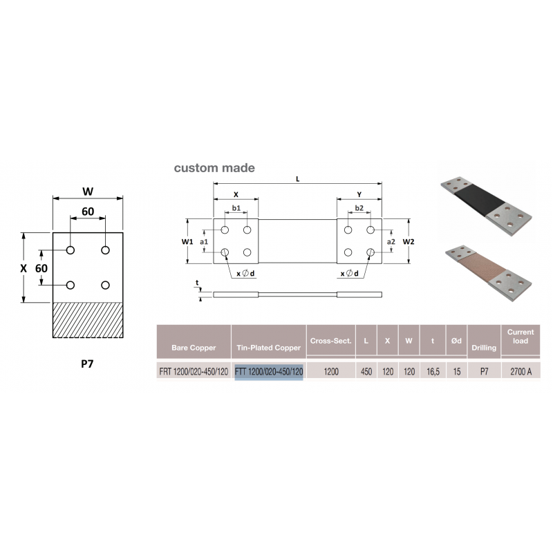 Гибкая плетёная шина, лужёная медь, 1200 мм², L-450 мм, Elexo (FTT 1200/020-450/120 WH)