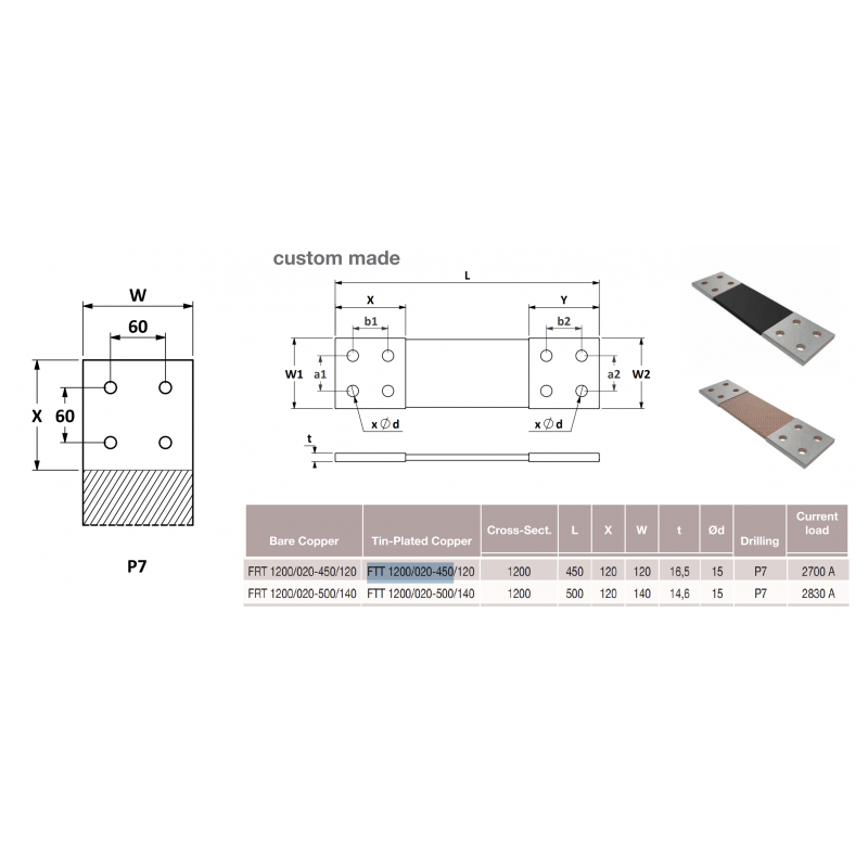 Гибкая плетёная шина, лужёная медь, 1200 мм², L-450 мм, 2830A, Elexo (FTT 1200/020-450/140)