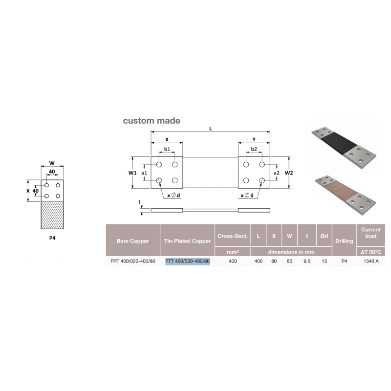 Гибкая плетёная шина, лужёная медь, 400 мм², L-400 мм, 1340A, Elexo (FTT 400/020-400/80)