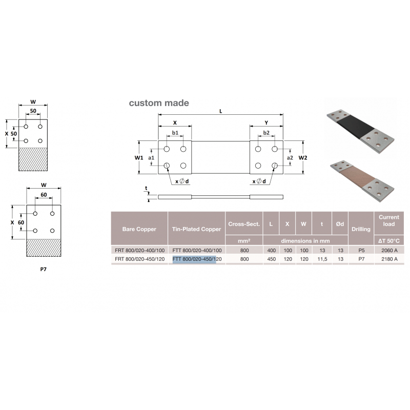 Гибкая плетёная шина, лужёная медь, 800 мм², L-450 мм, 2060A, Elexo (FTT 800/020-450/100 WH)