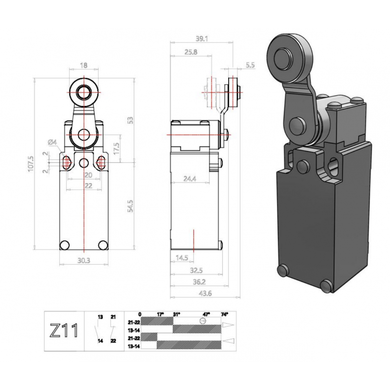 AM1F43Z11 - Конечный выключатель с металлическим роликовым рычагом (Ø18 мм), 1NO+1NC, IP66, Comepi