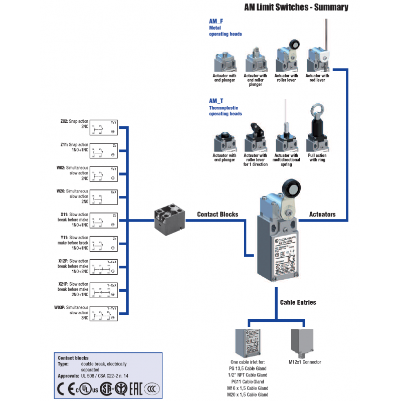 AM1F43Z11 - Конечный выключатель с металлическим роликовым рычагом (Ø18 мм), 1NO+1NC, IP66, Comepi