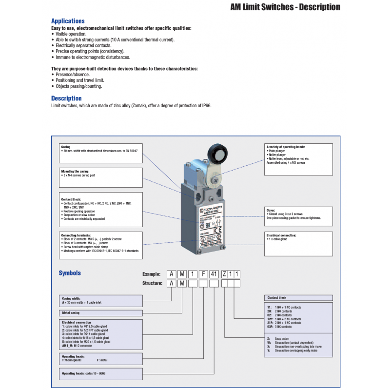 AM1F43Z11 - Конечный выключатель с металлическим роликовым рычагом (Ø18 мм), 1NO+1NC, IP66, Comepi